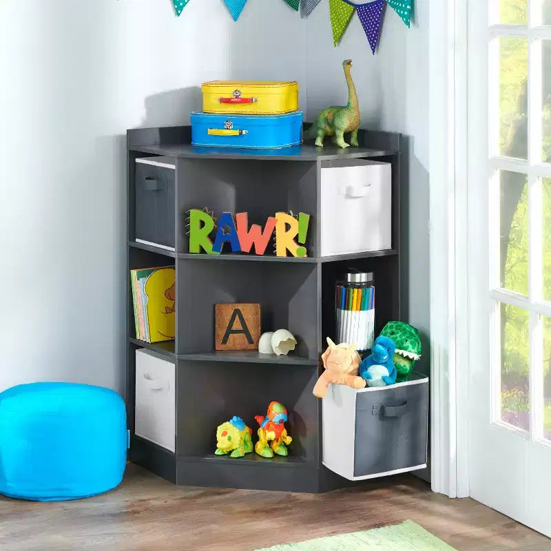 Meuble de rangement d'angle Cubby avec 4 paniers réversibles anthracite : 9 compartiments, 10 étagères, cadre en MDF