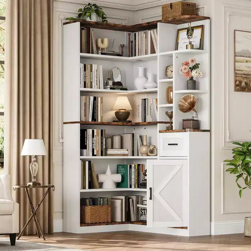 Bibliothèque d'angle haute de 188 cm - Étagère à 6 niveaux avec tiroir et placards, bibliothèque en forme de L avec étagères de rangement ouvertes, étagère d'exposition moderne pour la maison, le bureau