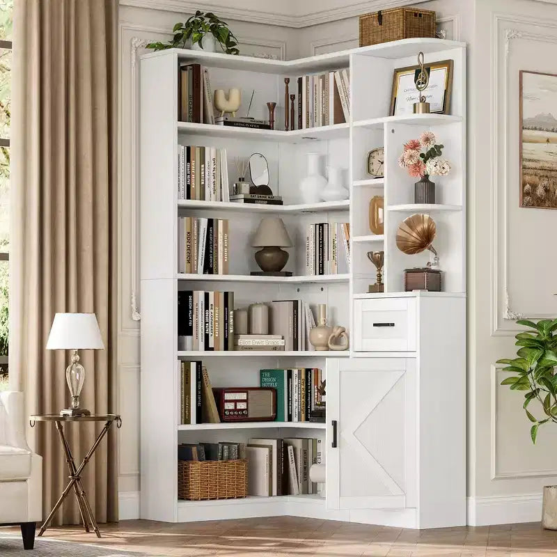 Bibliothèque d'angle haute de 188 cm - Étagère à 6 niveaux avec tiroir et placards, bibliothèque en forme de L avec étagères de rangement ouvertes, étagère d'exposition moderne pour la maison, le bureau