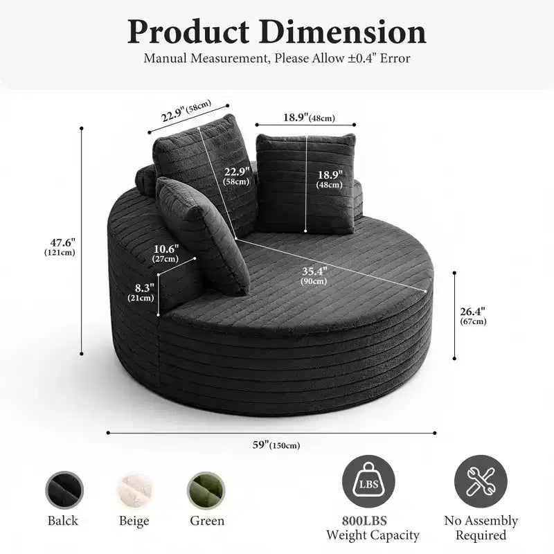 Canapé Rond Surdimensionné, Fauteuil de Sol Nuage Simple avec Assise Profonde, Aucun Assemblage Requis, Noir