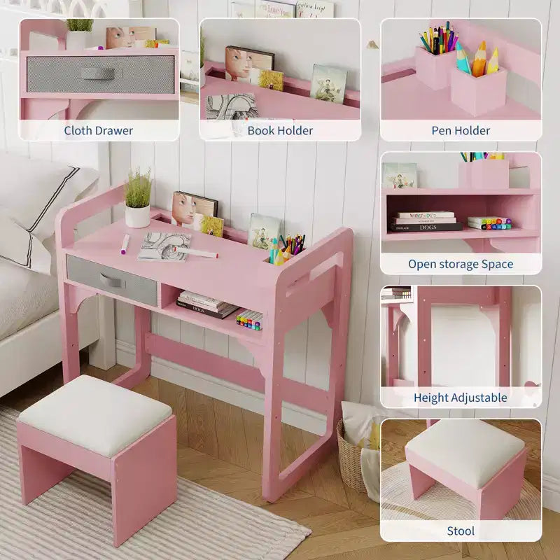 Ensemble bureau et chaise pour enfants, table d'étude réglable avec rangement et présentoir à livres, pour garçons et filles, blanc/rose/bleu