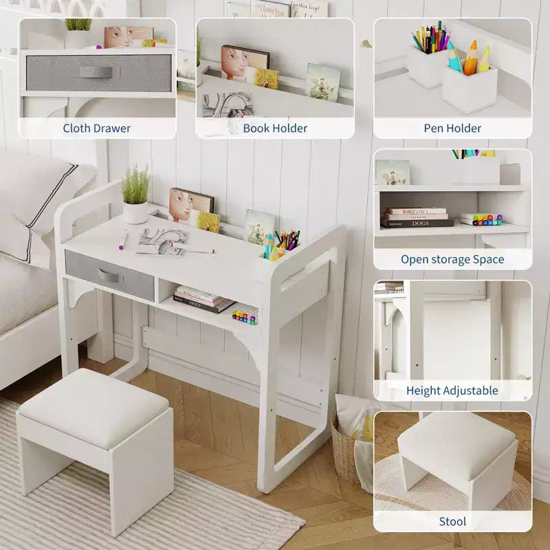 Ensemble bureau et chaise pour enfants, table d'étude réglable avec rangement et présentoir à livres, pour garçons et filles, blanc/rose/bleu