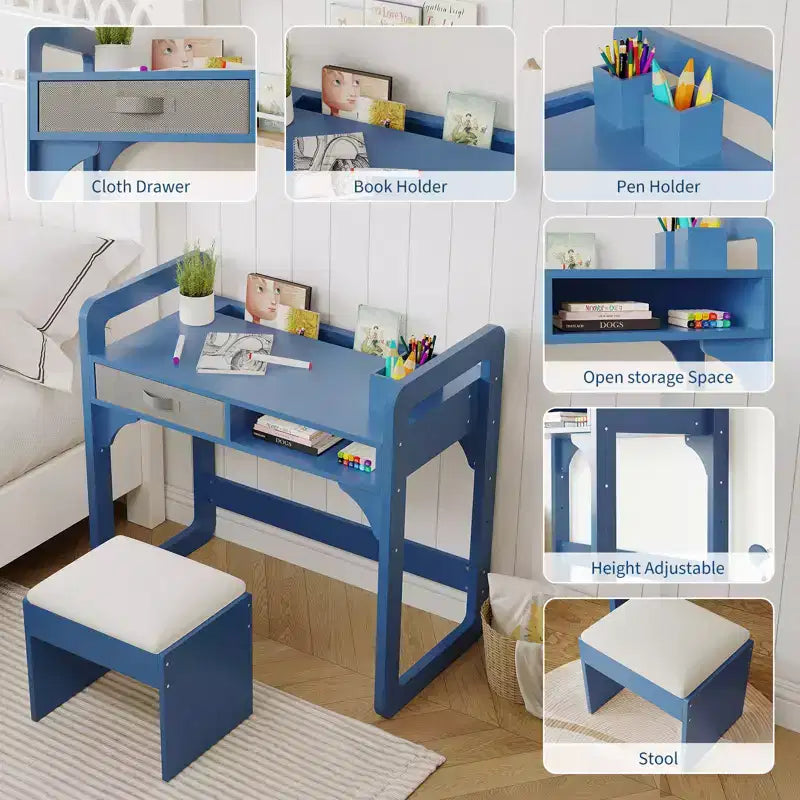 Ensemble bureau et chaise pour enfants, table d'étude réglable avec rangement et présentoir à livres, pour garçons et filles, blanc/rose/bleu
