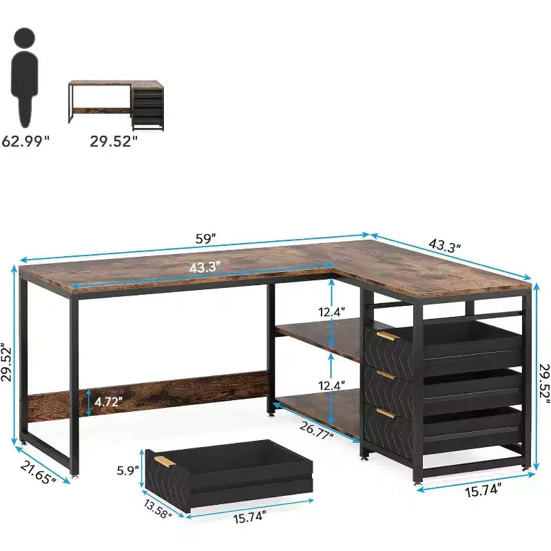 Bureau d'angle en L de 150 cm avec tiroirs de rangement et étagères, réversible, pour bureau à domicile, marron