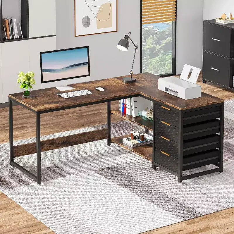 Bureau d'angle en L de 150 cm avec tiroirs de rangement et étagères, réversible, pour bureau à domicile, marron