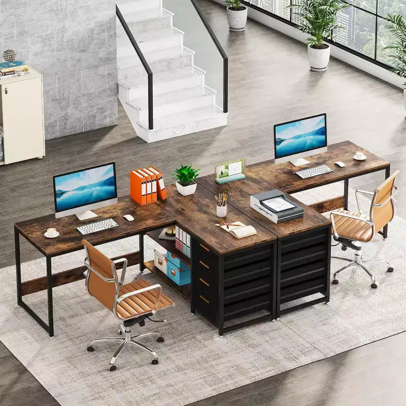 Bureau d'angle en L de 150 cm avec tiroirs de rangement et étagères, réversible, pour bureau à domicile, marron