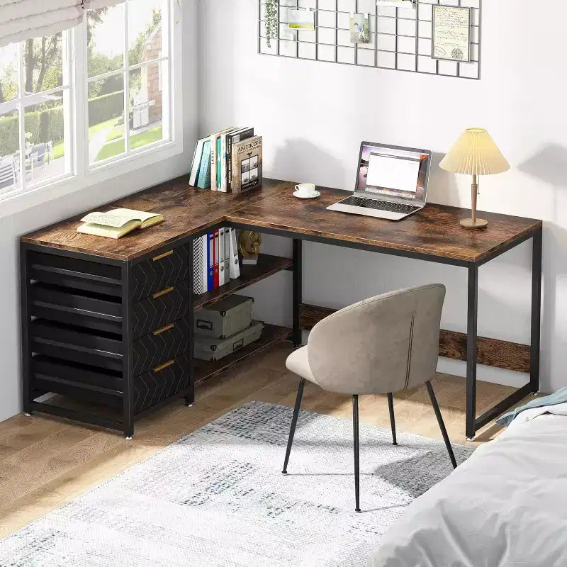 Bureau d'angle en L de 150 cm avec tiroirs de rangement et étagères, réversible, pour bureau à domicile, marron