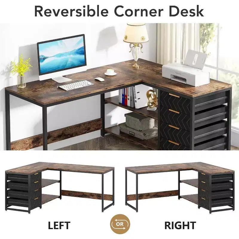 Bureau d'angle en L de 150 cm avec tiroirs de rangement et étagères, réversible, pour bureau à domicile, marron