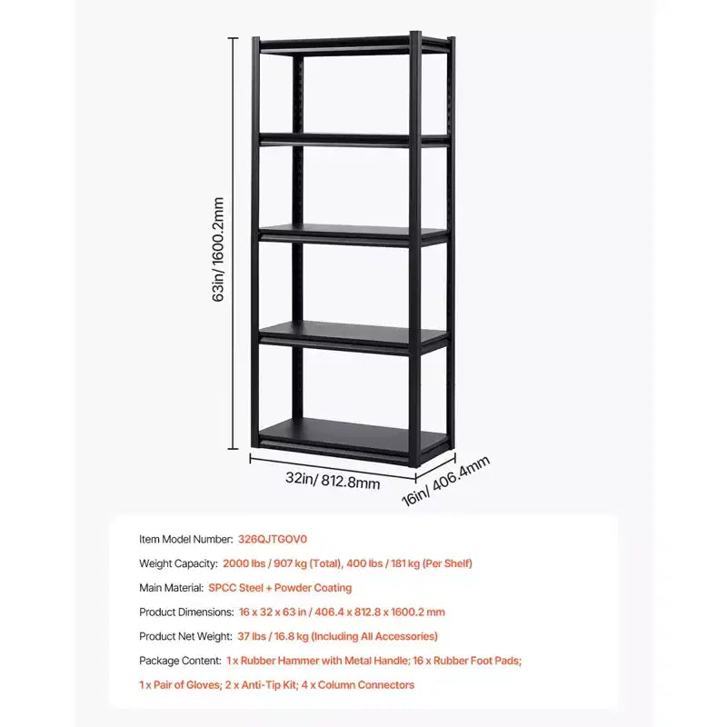 Étagères de rangement, capacité de 907 kg, étagères de rangement de garage à 5 niveaux, étagères métalliques réglables de 41 x 81 x 160 cm (P x L x H) pour garage, étagère utilitaire, noir