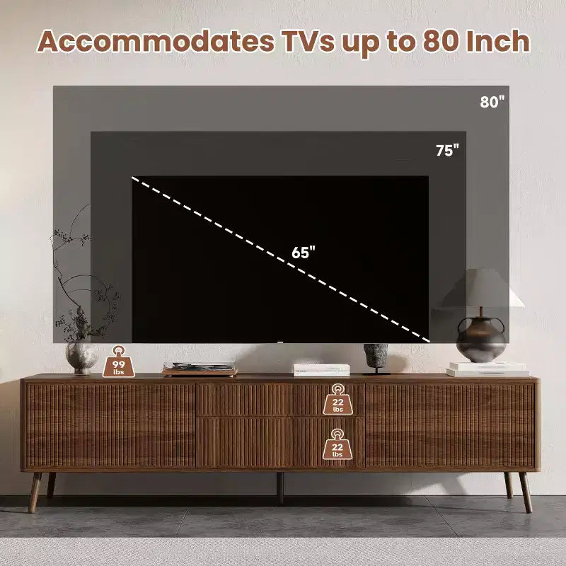 Meuble TV moderne cannelé 70 po pour téléviseurs jusqu'à 80 po, meuble de divertissement avec rangement, console média à pieds en bois massif pour salon-Panipeachy