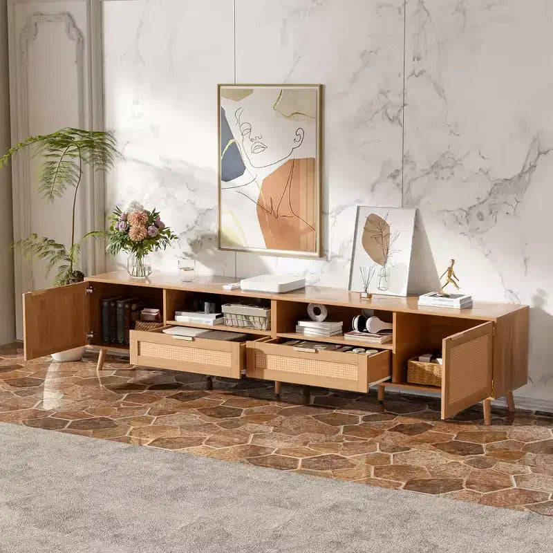 Meuble TV Darwin, style ferme moderne, avec rotin tressé et pieds en bois massif, pour téléviseurs jusqu'à 90 pouces