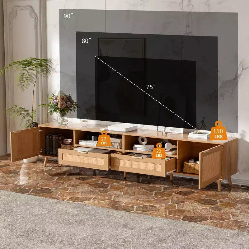 Meuble TV Darwin, style ferme moderne, avec rotin tressé et pieds en bois massif, pour téléviseurs jusqu'à 90 pouces