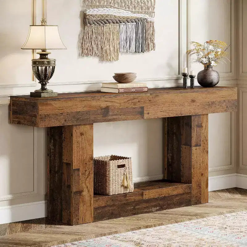 Table console de 160 cm, table d'entrée de style rustique à 2 niveaux avec base en U pour salon, couloir, foyer, marron mélangé