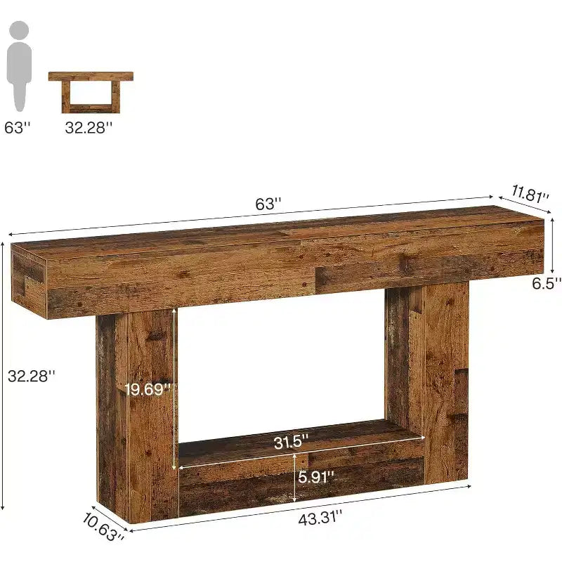 Table console de 160 cm, table d'entrée de style rustique à 2 niveaux avec base en U pour salon, couloir, foyer, marron mélangé