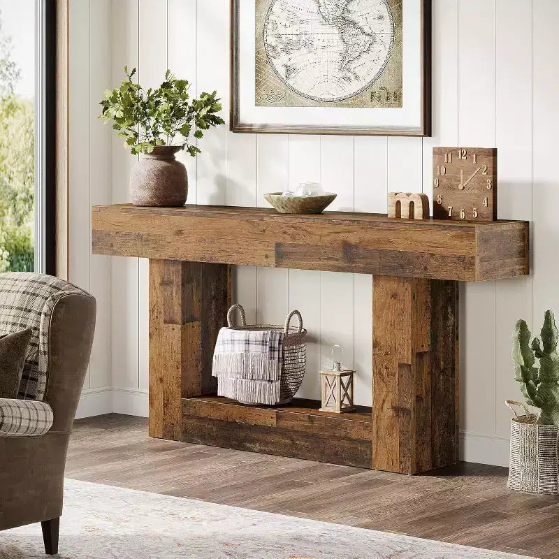 Table console de 160 cm, table d'entrée de style rustique à 2 niveaux avec base en U pour salon, couloir, foyer, marron mélangé