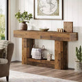 Table console de 160 cm, table d'entrée de style rustique à 2 niveaux avec base en U pour salon, couloir, foyer, marron mélangé