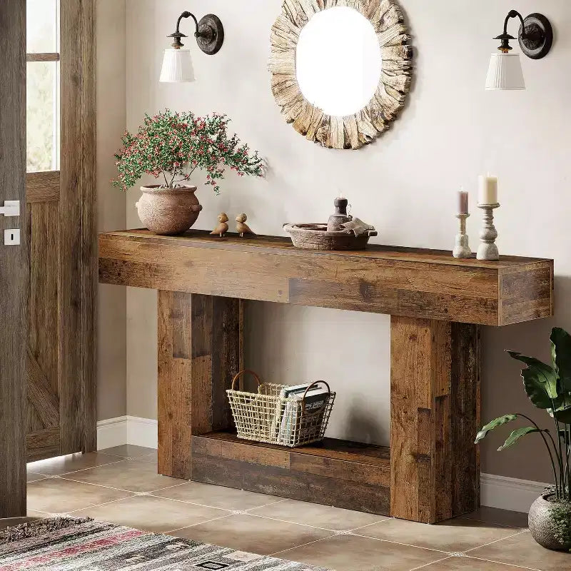 Table console de 160 cm, table d'entrée de style rustique à 2 niveaux avec base en U pour salon, couloir, foyer, marron mélangé