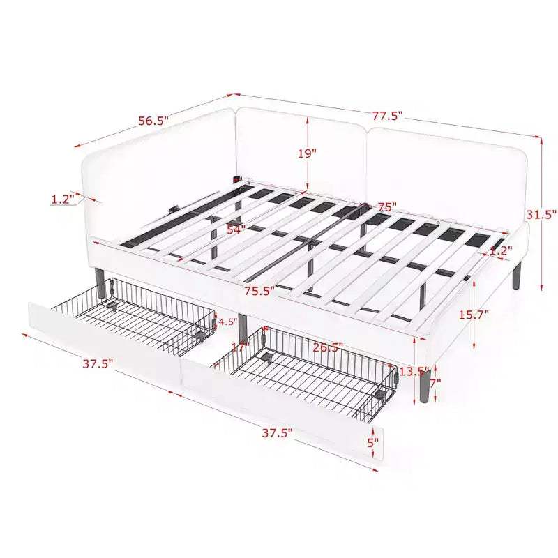 Lit de repos avec 2 tiroirs de rangement, canapé-lit réglable en velours pour salon et chambre à coucher