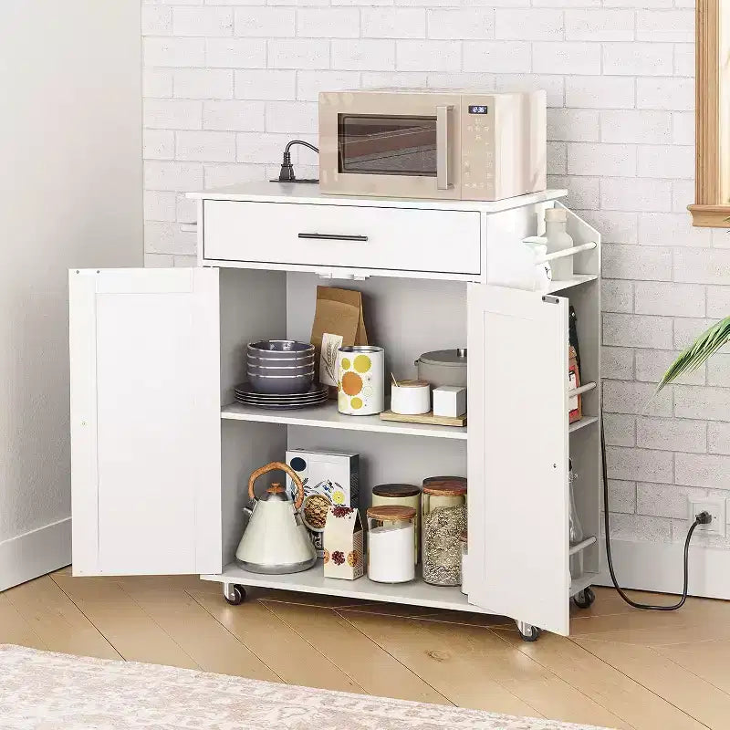 Îlot de Cuisine Roulant avec Prise de Courant et Porte-Épices - Chariot de Rangement de Cuisine Blanc avec Tiroir, Roues Verrouillables