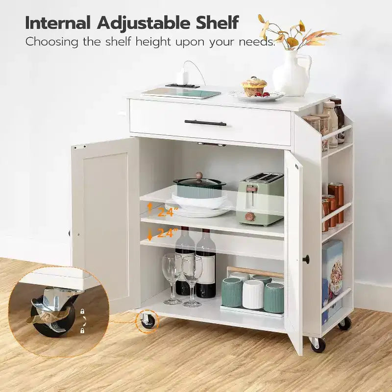 Îlot de Cuisine Roulant avec Prise de Courant et Porte-Épices - Chariot de Rangement de Cuisine Blanc avec Tiroir, Roues Verrouillables