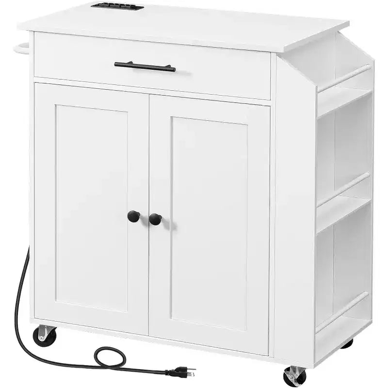 Îlot de Cuisine Roulant avec Prise de Courant et Porte-Épices - Chariot de Rangement de Cuisine Blanc avec Tiroir, Roues Verrouillables