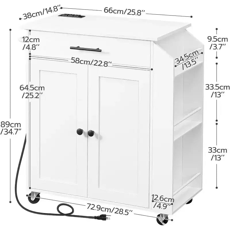 Îlot de Cuisine Roulant avec Prise de Courant et Porte-Épices - Chariot de Rangement de Cuisine Blanc avec Tiroir, Roues Verrouillables