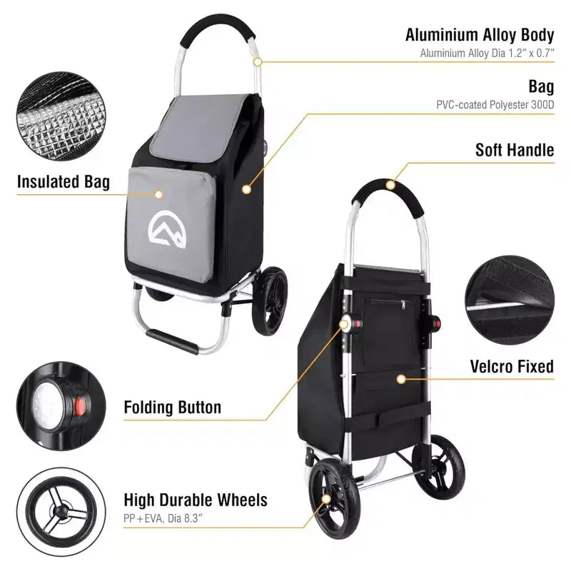 Chariot de courses pliable en aluminium avec roues et sac amovible