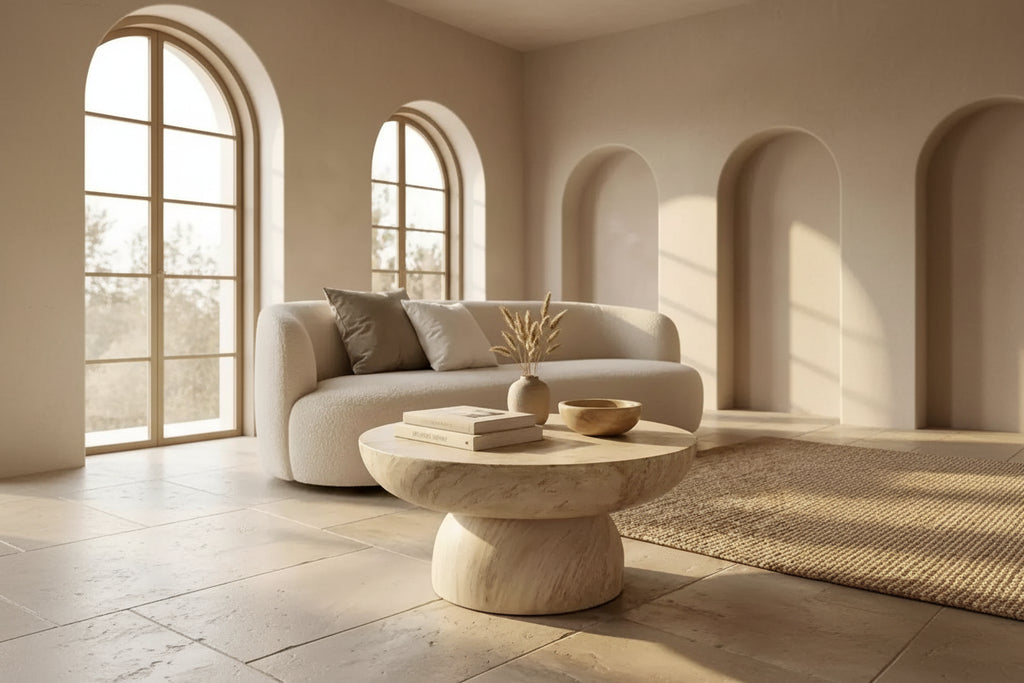 Table Basse Ronde à Socle en Fibrestone, Table d'Appoint pour l'Intérieur ou l'Extérieur, Design Sculptural avec Patins Antidérapants