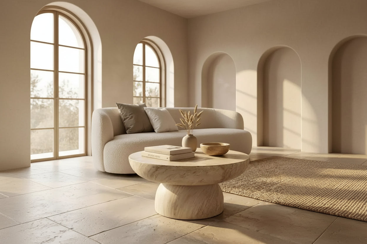 Table Basse Ronde à Socle en Fibrestone, Table d'Appoint pour l'Intérieur ou l'Extérieur, Design Sculptural avec Patins Antidérapants
