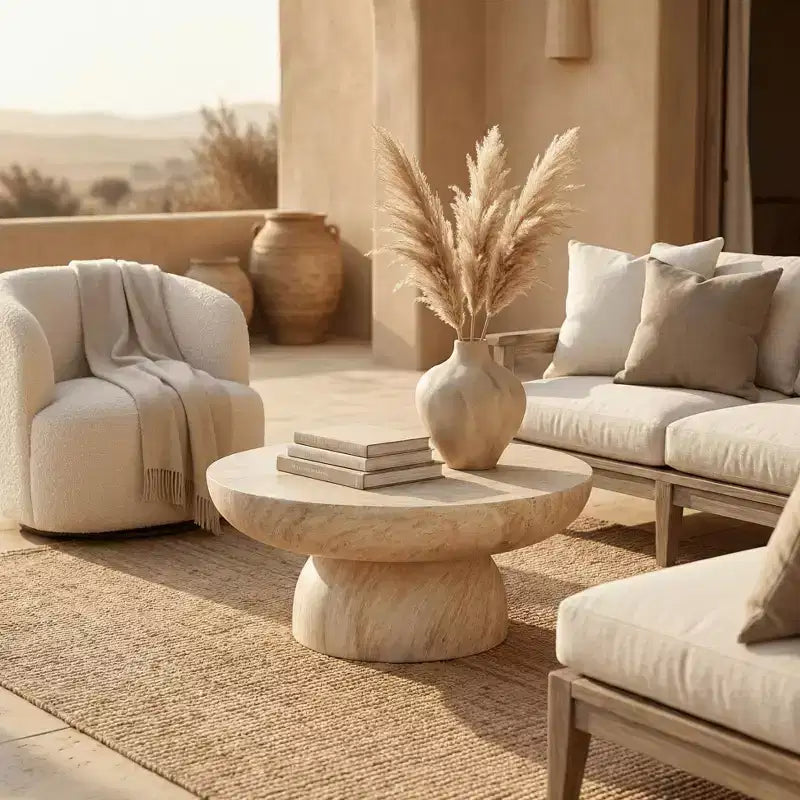 Table Basse Ronde à Socle en Fibrestone, Table d'Appoint pour l'Intérieur ou l'Extérieur, Design Sculptural avec Patins Antidérapants