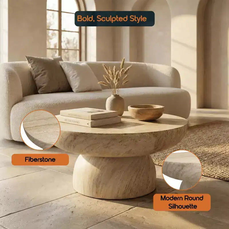 Table Basse Ronde à Socle en Fibrestone, Table d'Appoint pour l'Intérieur ou l'Extérieur, Design Sculptural avec Patins Antidérapants