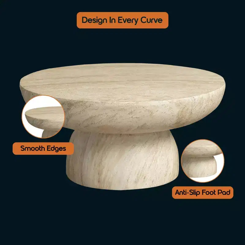 Table Basse Ronde à Socle en Fibrestone, Table d'Appoint pour l'Intérieur ou l'Extérieur, Design Sculptural avec Patins Antidérapants