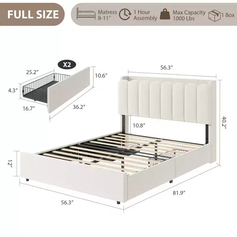 Cadre de lit plateforme rembourré avec tête de lit de rangement et tiroirs, lattes en bois robustes, cadre métallique sans bruit, robuste, assemblage facile