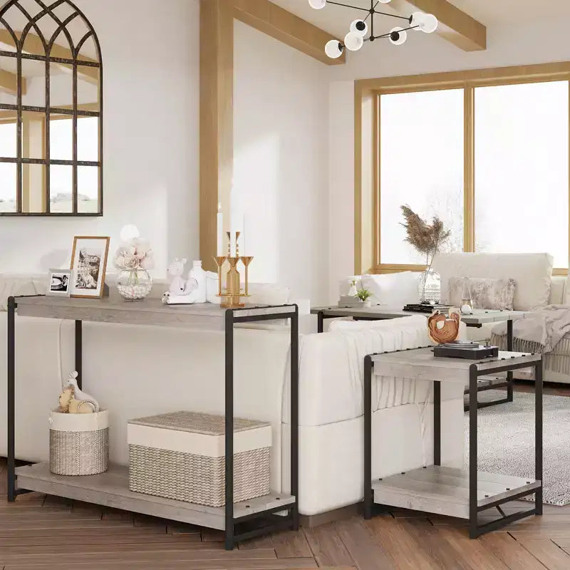 Console de ferme 40 po avec 2 étagères, table de canapé et d'entrée à lattes grises