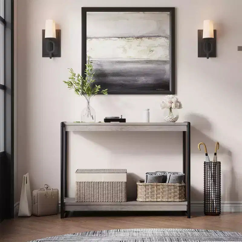 Console de ferme 40 po avec 2 étagères, table de canapé et d'entrée à lattes grises