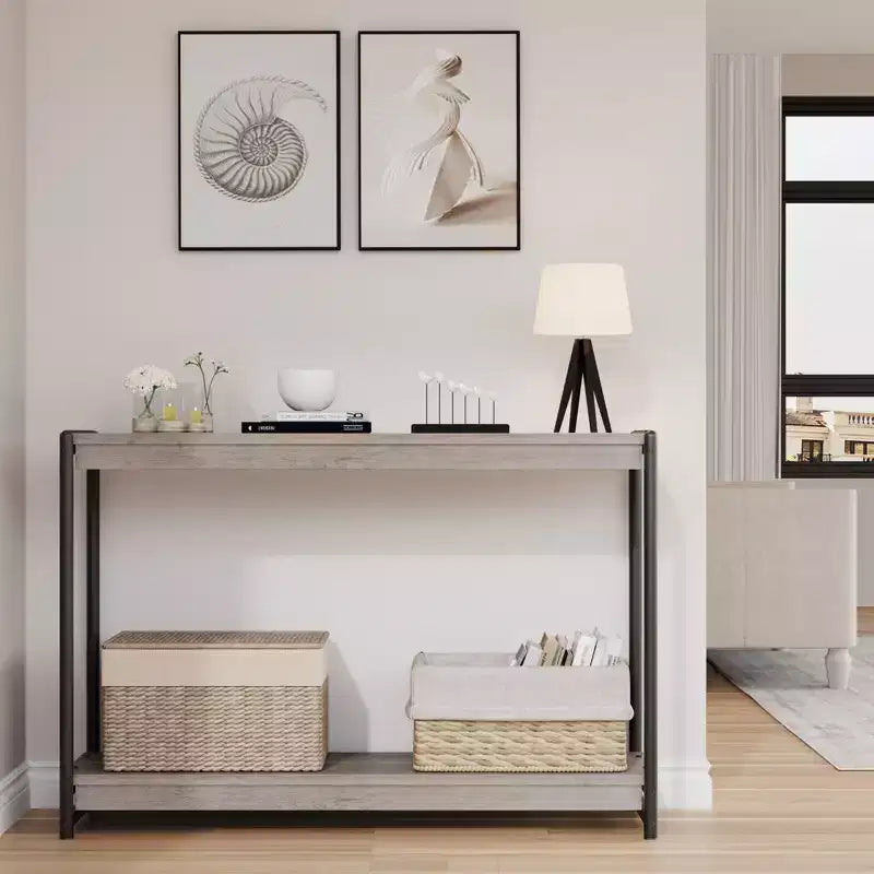 Console de ferme 40 po avec 2 étagères, table de canapé et d'entrée à lattes grises