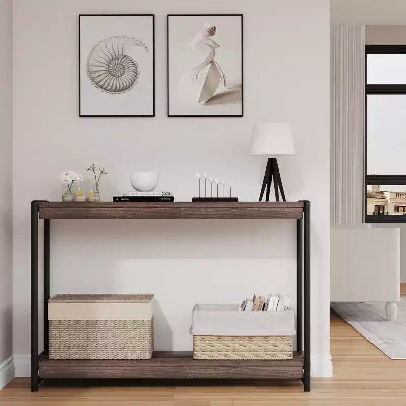 Console de ferme 40 po avec 2 étagères, table de canapé et d'entrée à lattes grises