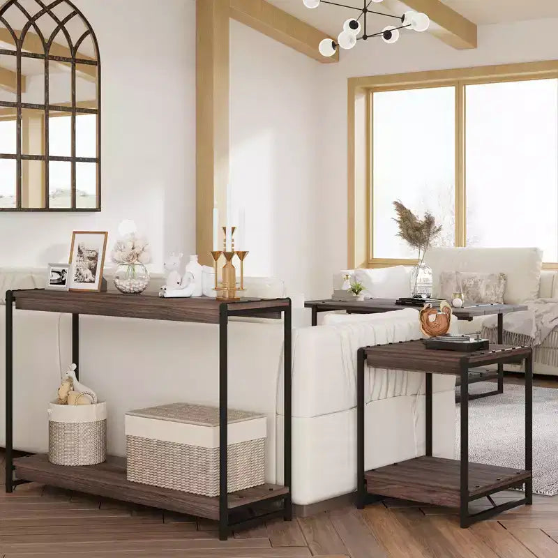 Console de ferme 40 po avec 2 étagères, table de canapé et d'entrée à lattes grises