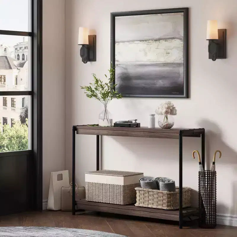 Console de ferme 40 po avec 2 étagères, table de canapé et d'entrée à lattes grises