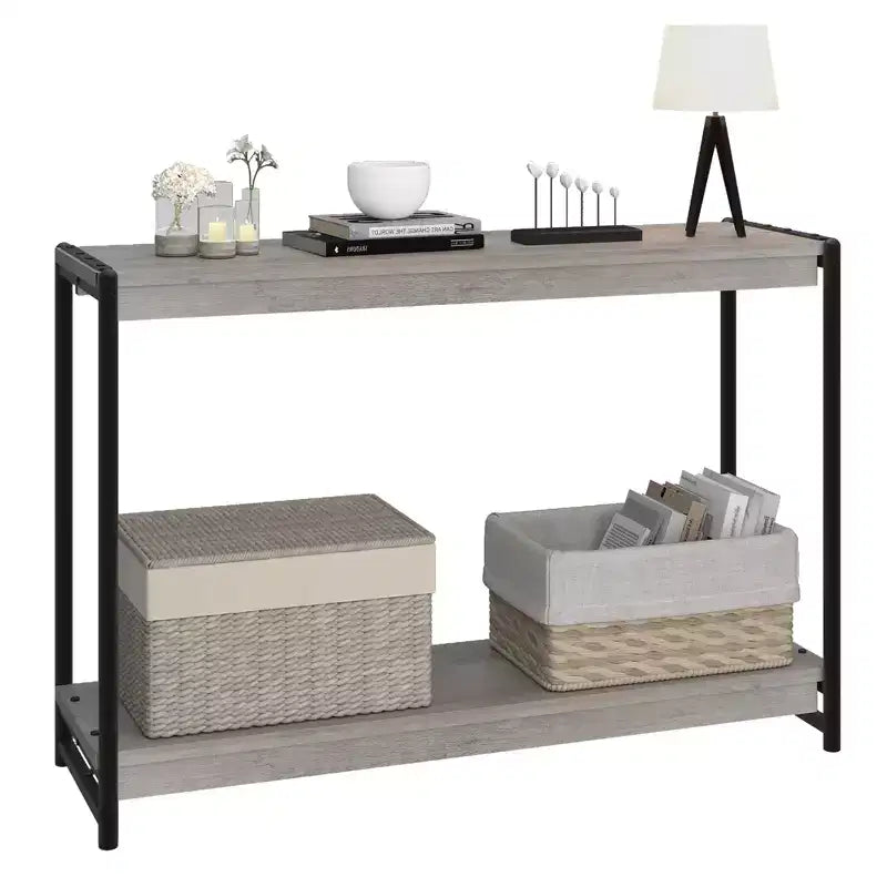 Console de ferme 40 po avec 2 étagères, table de canapé et d'entrée à lattes grises