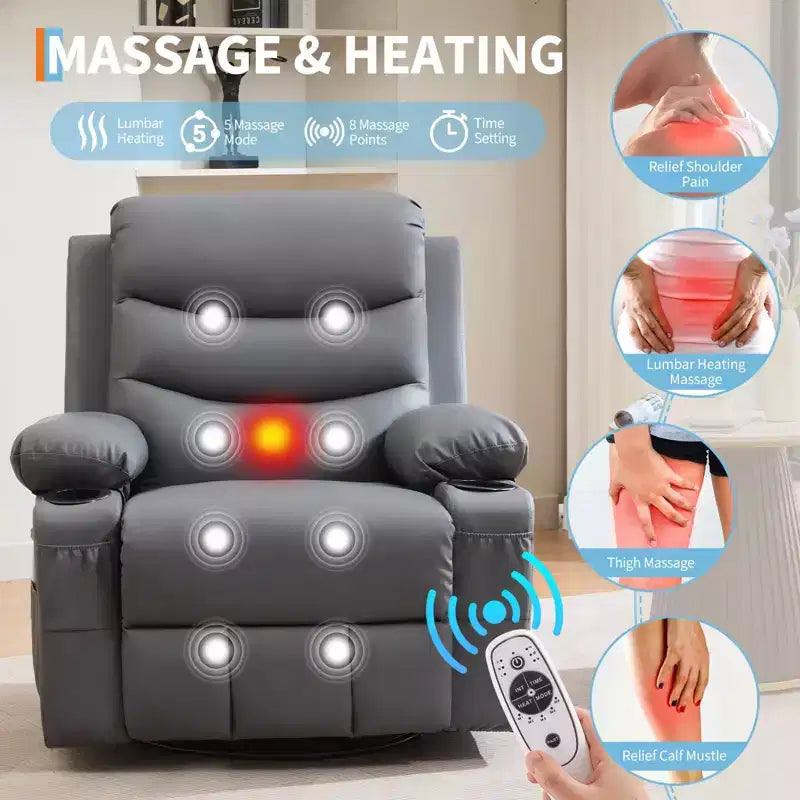Fauteuil Inclinable à Bascule avec Massage et Chauffage, Canapé Pivotant en Cuir PU avec Porte-Gobelet et Poches pour Salon, Chambre et Chambre de Bébé