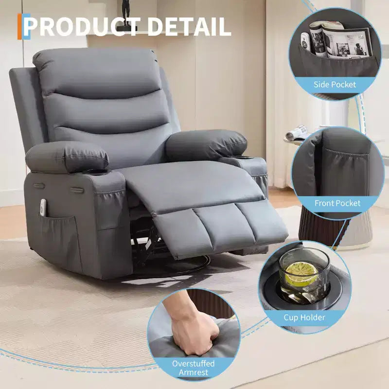 Fauteuil Inclinable à Bascule avec Massage et Chauffage, Canapé Pivotant en Cuir PU avec Porte-Gobelet et Poches pour Salon, Chambre et Chambre de Bébé