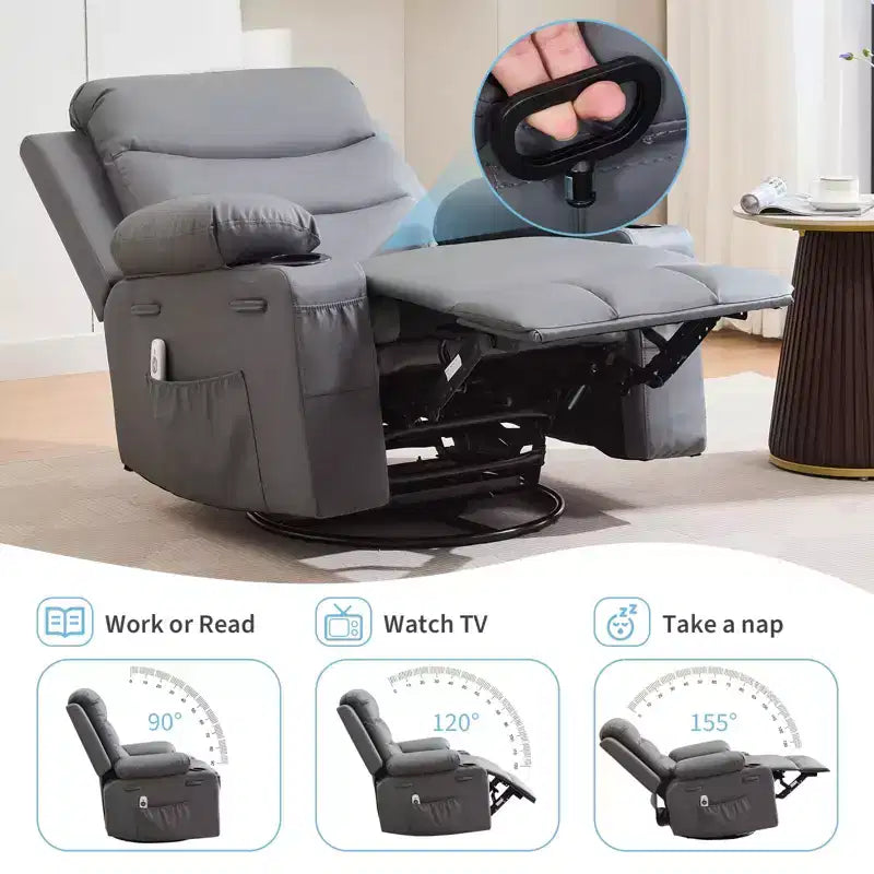 Fauteuil Inclinable à Bascule avec Massage et Chauffage, Canapé Pivotant en Cuir PU avec Porte-Gobelet et Poches pour Salon, Chambre et Chambre de Bébé