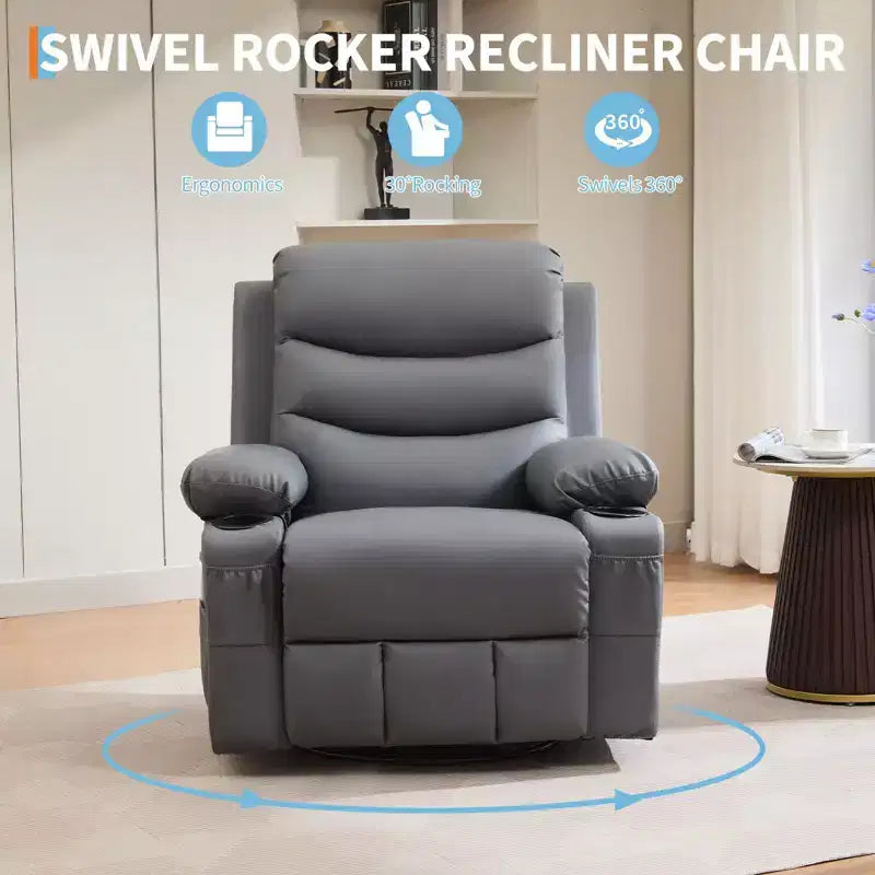 Fauteuil Inclinable à Bascule avec Massage et Chauffage, Canapé Pivotant en Cuir PU avec Porte-Gobelet et Poches pour Salon, Chambre et Chambre de Bébé
