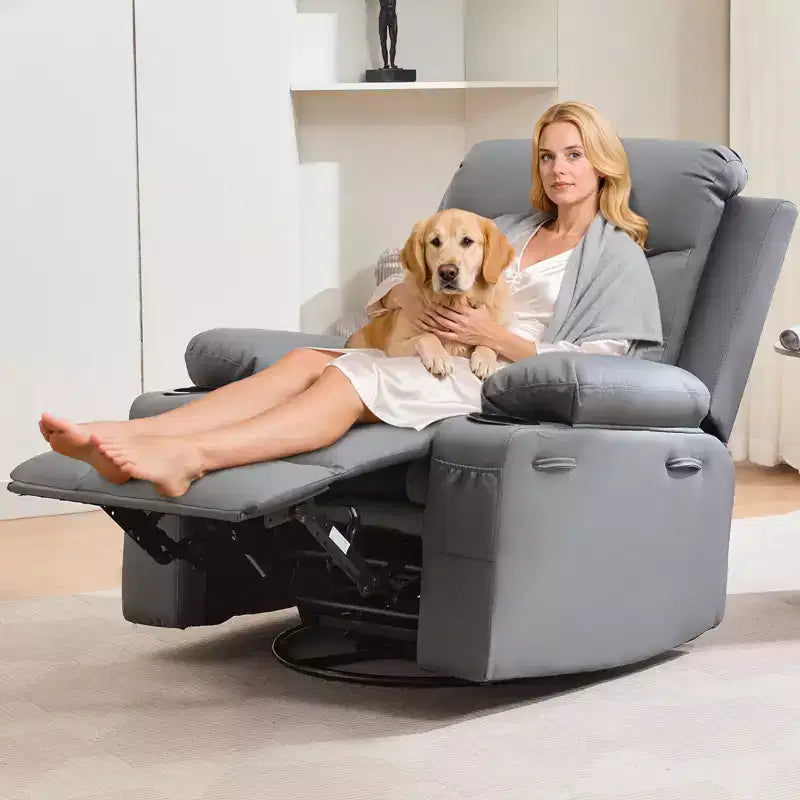Fauteuil Inclinable à Bascule avec Massage et Chauffage, Canapé Pivotant en Cuir PU avec Porte-Gobelet et Poches pour Salon, Chambre et Chambre de Bébé