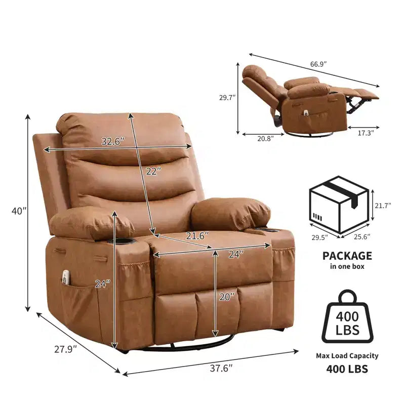 Fauteuil Inclinable à Bascule avec Massage et Chauffage, Canapé Pivotant en Cuir PU avec Porte-Gobelet et Poches pour Salon, Chambre et Chambre de Bébé