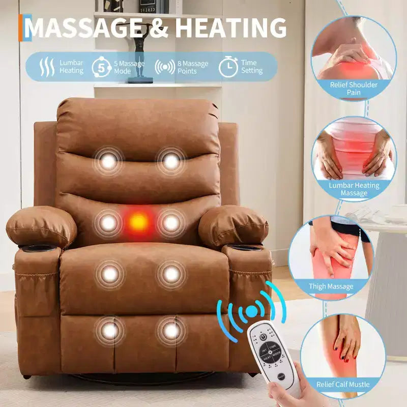 Fauteuil Inclinable à Bascule avec Massage et Chauffage, Canapé Pivotant en Cuir PU avec Porte-Gobelet et Poches pour Salon, Chambre et Chambre de Bébé