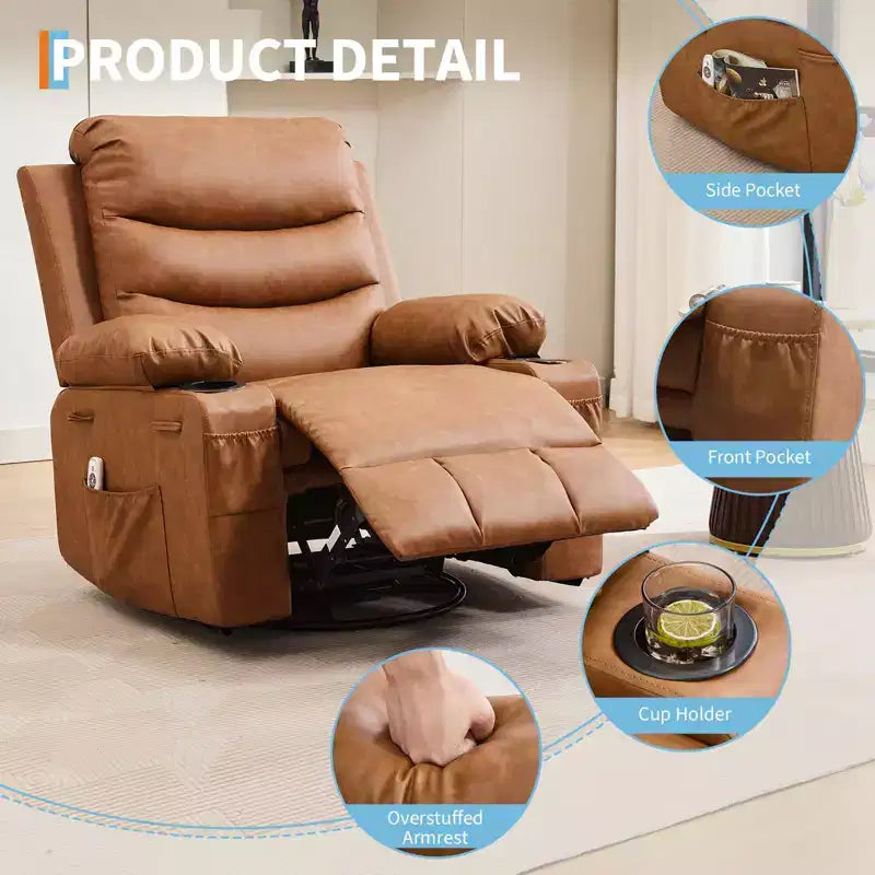 Fauteuil Inclinable à Bascule avec Massage et Chauffage, Canapé Pivotant en Cuir PU avec Porte-Gobelet et Poches pour Salon, Chambre et Chambre de Bébé