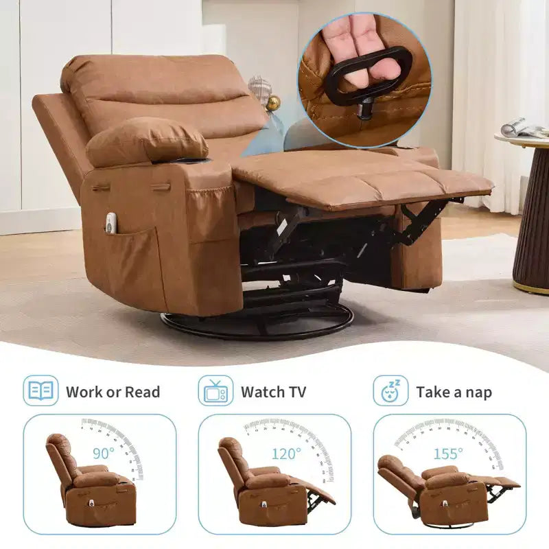 Fauteuil Inclinable à Bascule avec Massage et Chauffage, Canapé Pivotant en Cuir PU avec Porte-Gobelet et Poches pour Salon, Chambre et Chambre de Bébé