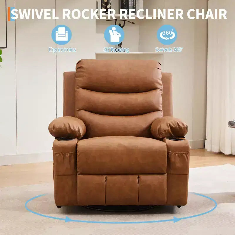 Fauteuil Inclinable à Bascule avec Massage et Chauffage, Canapé Pivotant en Cuir PU avec Porte-Gobelet et Poches pour Salon, Chambre et Chambre de Bébé